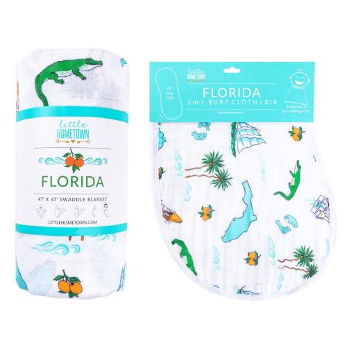 Gift Set: Florida Baby Muslin Swaddle Blanket and Burp Cloth/Bib Combo Hospital Coming Home Essential