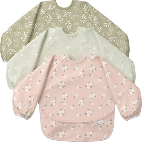 3 Pack Long Sleeve baby Bibs for Eating, Waterproof Smock Bib
