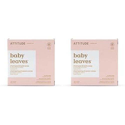 ATTITUDE Baby Plastic-Free Shampoo and Body Soap Bar, EWG Verified, Dermatologically Tested, Vegan, Unscented, 3 Ounces (Pack of 2)