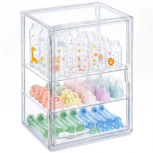 Clear Acrylic Baby Bottle Storage Organizer for Countertop Cabinet, 3 Tiers Adjustable Bottle Storage Station with 2 Removable Dividers & Magnetic Dustproof Door Baby Bottle Drying Rack Large
