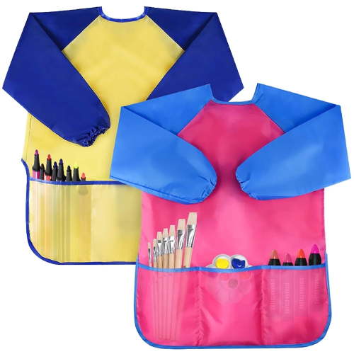 QiShi Pack of 2 Kids Art Smocks, Children Waterproof Artist Painting Aprons Long Sleeve with 3 Pockets for Age 3-7 Years Gifts