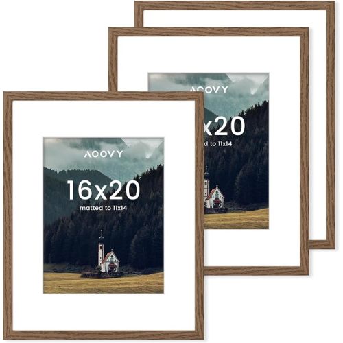Acovy 16x20 Picture Frame for Wall, Poster Frame With High Definition Plexiglass - Matted to 11x14 (Walnut, 3 Pack)