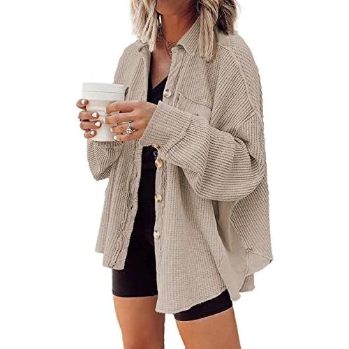 Nirovien Womens Waffle Knit Shacket Oversized Button Down Shirt Jacket Lightweight Spring Outfits Clothes