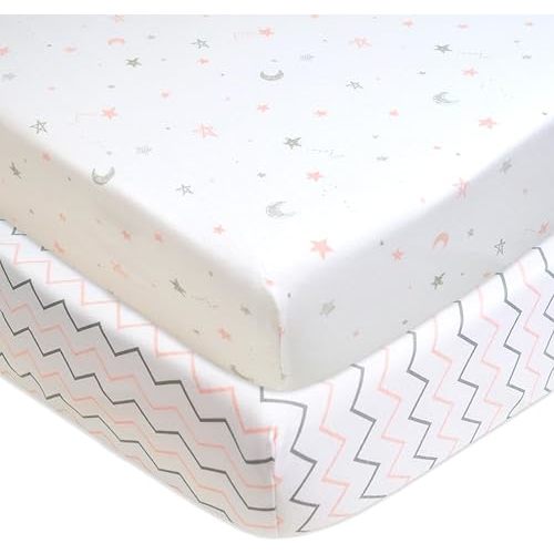 American Baby Company 2 Pack 100% Natural Cotton Fitted Crib Sheets 52" x 28" - Soft, Breathable, Hypoallergenic & Gentle Toddler Bed Sheets, Pink Stars/Zigzag, Neutral for Boys & Girls