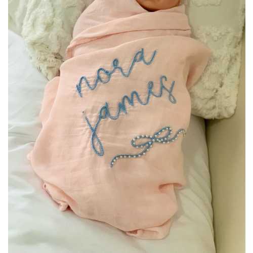 Personalized Hand Embroidered Baby Name Bow Swaddle Blanket ~ Cotton Muslin