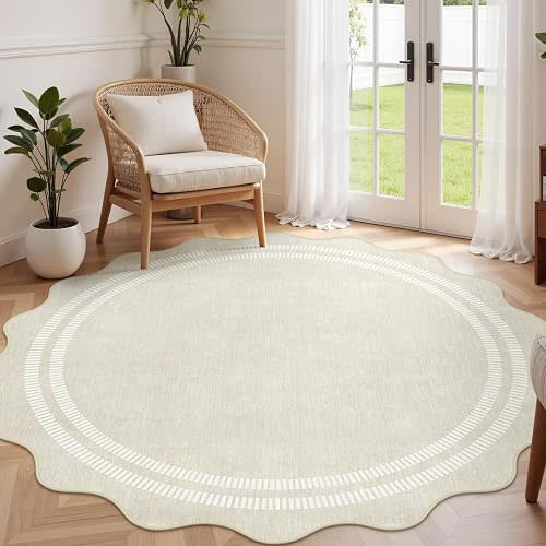 Round Area Rugs 6ft for Bedroom, Ivory Washable Circle Rug Soft Non Slip Floor Scalloped Carpet Indoor Thin Rug for Living Room Dining Room Playroom Nursery