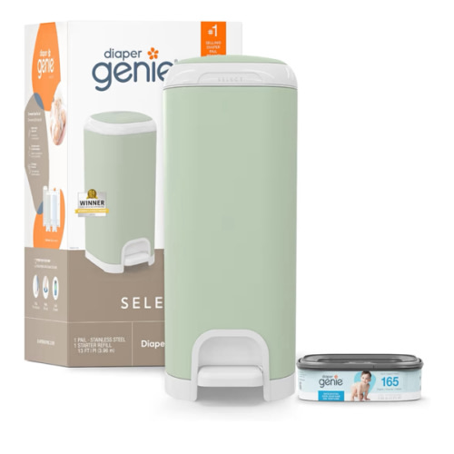 Diaper Genie Select Pail (Green) is Made of Durable Stainless Steel and Includes 1 Starter Square Refill That can Hold up to 165 Newborn-Sized Diapers.