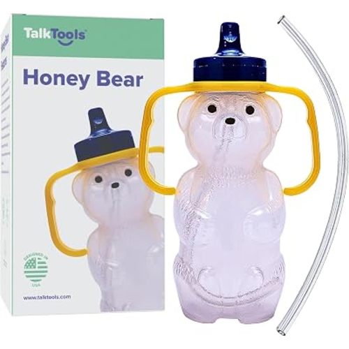 TalkTools Honey Bear Straw Cup with Handle, 7oz – Soft Straw Trainer for Babies & Toddlers 4+ Months – Easy-Grip, Dishwasher Safe.