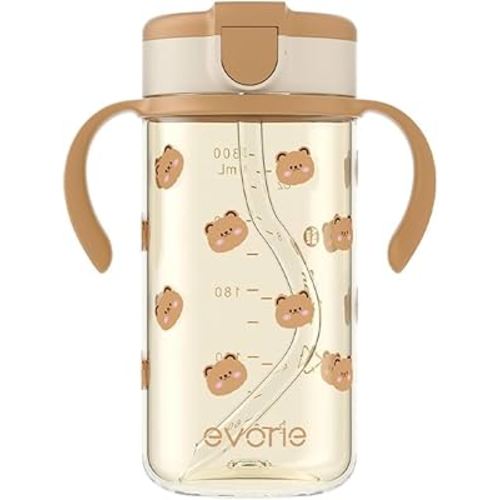 Evorie Tritan Spill Proof Toddler Straw Sippy Cup, 10 oz for Baby and Toddlers 1-3 Years Old, No Spill Straw Water Bottle with Removable Handles, Ideal for School, BPA-Free, Honey Bear