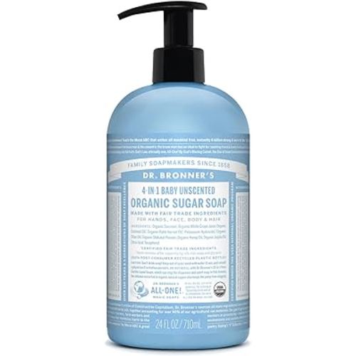 Dr. Bronner’s - Organic Sugar Soap (Baby Unscented, 710 mL) - Made with Organic Oils, Sugar and Shikakai Powder, 4-in-1 Use: Hands, Body, Face and Hair, Moisturizes and Nourishes, No Added Fragrance