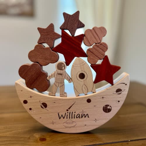 Personalized Montessori Wooden Moon Balance-Stacking Toy for Toddlers, Sensory Activity Building Blocks,Educational Toy-Astronaut Rocket Set