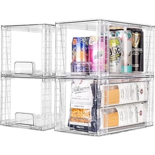 4Pack Large Stackable Kitchen Storage Drawers, Clear Foods Organizer Bins with Handles, Easily Assemble for Bathroom, Kitchen, Pantry, Cabinet, Closet(XL-Down Handle)