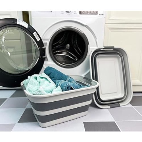 SAMMART Set of 2 Collapsible Plastic Laundry Basket - Foldable Pop Up Storage Container/Organizer - Portable Washing Tub - Space Saving Hamper/Basket (Grey/Steel Grey, 27L)