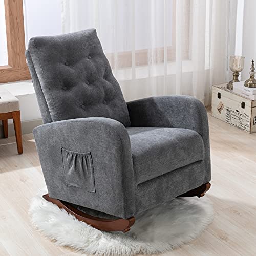 Majnesvon Rocking Chair Mid-Century Modern Nursery Rocking Armchair Upholstered Tall Back Accent Glider Rocker for Living Room(Dark Gray + Cotton)