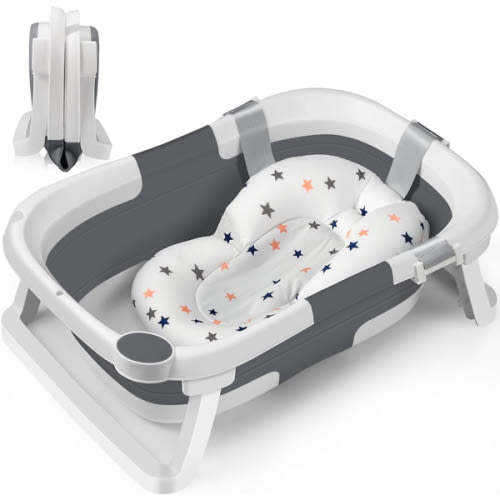 DEANIC Collapsible Baby Bathtub for Newborns, Portable Infant Bathtub with Soft Bath Cushion Support for 0-24 Months, Toddler Bath Tub with stand Indoor Travel (Grey)