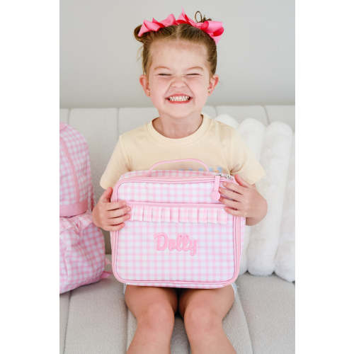 Kids Embroidered Ruffle Lunchbox | Pink Gingham
