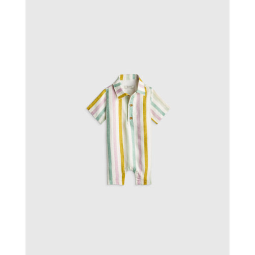100% Linen Button Front Romper - Baby in Multi Vertical Stripe