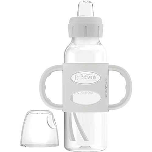 Dr. Brown's Milestones Narrow Sippy Spout Bottle with 100% Silicone Handles, Easy-Grip Handles with Soft Sippy Spout, 8oz/250mL, Gray, 1-Pack, 6m+