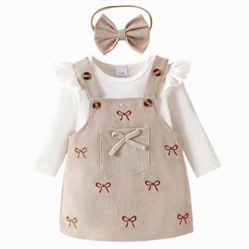CAICJ98 Baby Girl Outfits Newborn Long Sleeve Romper Bow Overall Dresses Suspender Skirt Headband Set Infant Fall Winter Clothes (White,3-6 Months)