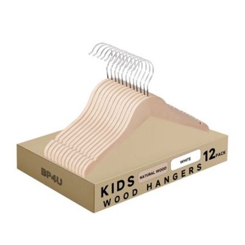 BP4U 12.8" 12-Pack Unfinished Maple Wood Kids Hangers, Smooth Non-Toxic Finish, Ultra-Slim 0.4" Baby Hangers with 360° Swivel Hook for Toddler Clothes