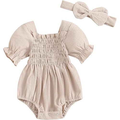 ZAXARRA Infant Baby Girl Plaid Romper Baby Pleated Romper Ruffle Festival Bodysuit Spring Summer Clothes with Headband