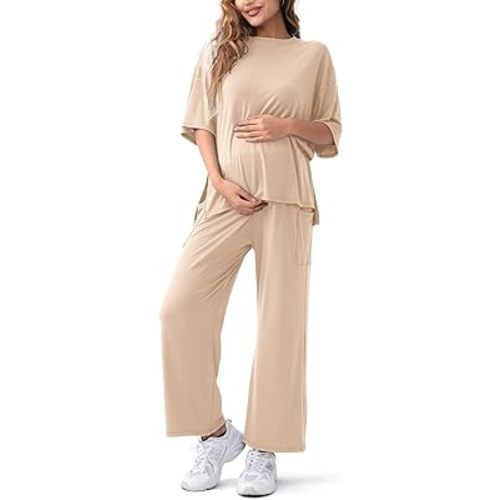 Maternity Lounge Set 2 Piece Outfits Matching Short Sleeve Top Adjustable Long Pants Pregnancy Summer Loungwear