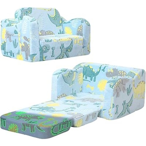 MeMoreCool Glowing Dinosaur Kids Chair, 2-in-1 Convertible Kids Couch Fold Out to Lounger, Glow-in-the-Dark Dino Sofa for Boys Ages 1-3, Soft Foam Flip-Out Seat with Washable Cover, Sky Blue