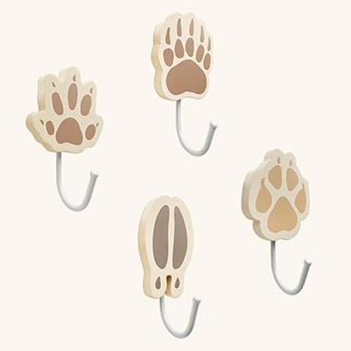 4 Pieces Wooden Animals Tracks Hanging Hooks - Fox, Bear, Deer, Hedgehog, Woodland Nursery Decor, Forest Nursery Kids Coat Rack Room Wall Mount Hooks, Baby Room Decor, Woodland Boy Nurser Wall Decor