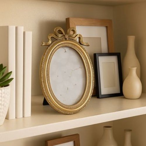 Decorative Oval Photo Frame with Elegant Bow Detail - Vintage Style Home Decor Ideal for Living Room, Bedroom, and Office Desk - 9", Gold