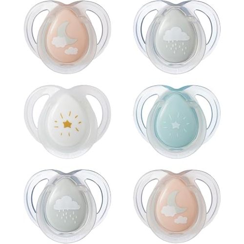 Tommee Tippee Night Time Pacifier, 0-6 Months, Symmetrical Silicone Baglet, BPA-Free Binkies, Glow in The Dark Technology, Pink Pastels, Pack of 6