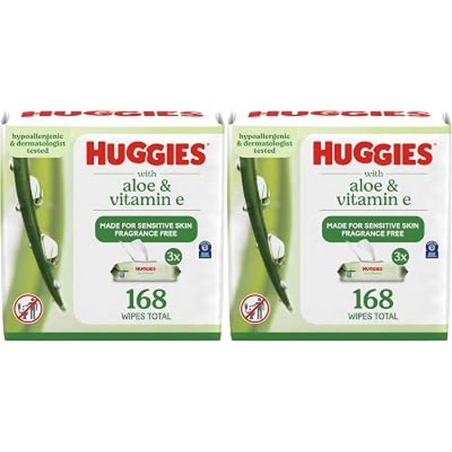 Huggies Lot de 2 paquets de lingettes pour bébé, à l'aloe vera et à la vitamine E, non parfumées, 3 paquets de 168 lingettes pour bébé