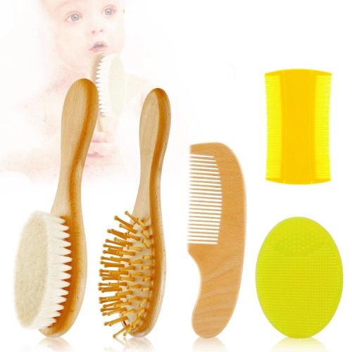 5 PCS Baby Hair Brush Set for Newborns & Toddlers, Wooden Baby Brush and Comb Set with Soft Bristle Hair Brush, Soft Silicone Bath Brush for Girls & Boys