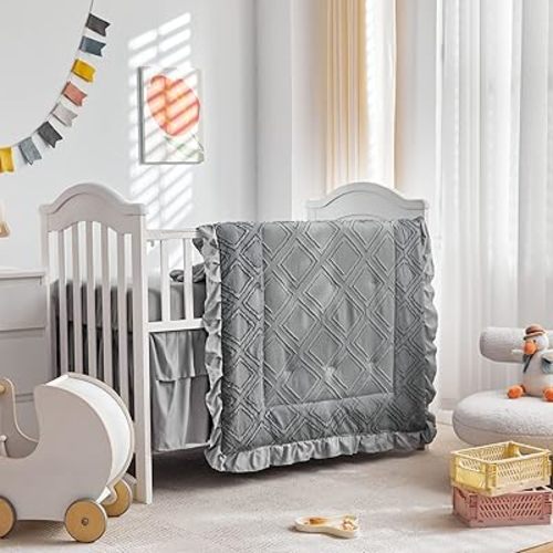 Tufted Ruffle Crib Bedding Set 3 Pieces Baby Boho Quilted Comforter with Fitted Sheet and Bed Skirt - Cute Ruffled Shabby Chic Baby Bedding Soft Blanket Design Gray