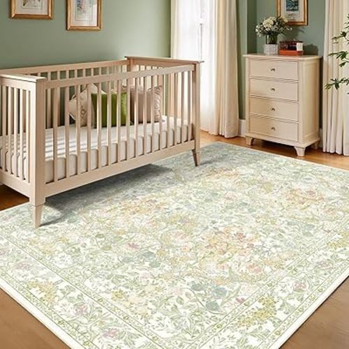 Farmhouse Sage Green Washable Nursery Rug 5x7, Floral Area Rug for Living Room, Bedroom, Dining Room Under Table, Home Office, Low Pile Non Slip Boho Carpet, Soft Cottagecore Botanical Accent Mat