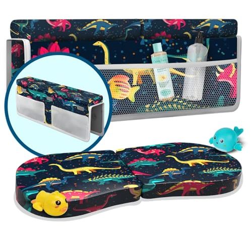 Baby Bath Kneeler and Elbow Rest Pad 2 Pieces Set with 3 Spacious Pocket to Organize Baby Acessories, 1.5" Thick Non-Slip, Soft, Fast-Drying Foldable Toddler Bath (Multi-Color Dino)