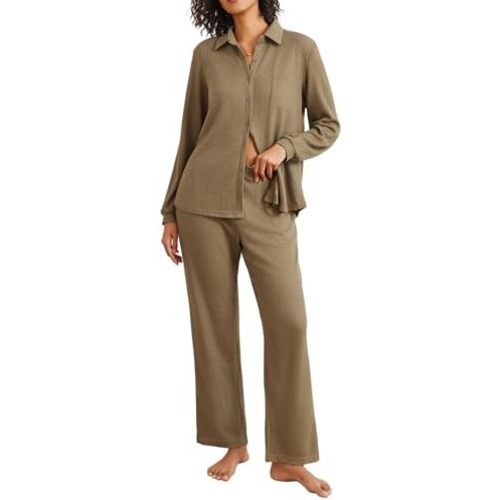 Ekouaer Womens Pajamas Set Long Sleeve 2 Pieces Loungewear Soft Waffle Knit Button Down Matching Sleepwear