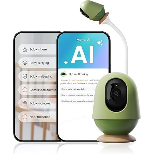 MONAI Security WiFi Baby Monitor with 3K UHD Camera and Audio, Cry/Sleep/Face-Covered Detection, Virtual Safety Fence, AI Parenting Q&A Assistant, Night Vision, Local Storage, Crib Mount