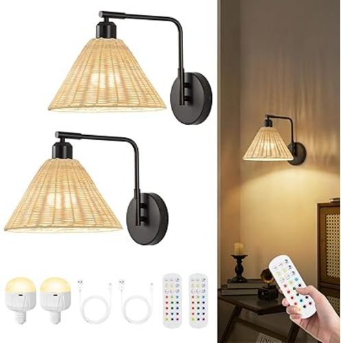 Rattan Rechargeable Wall Sconce Set of 2, Black Battery Operated Wall Lights with Remote, Hand Woven Boho Sconces Swing Arm Wireless Wall Lamp for Bedroom, Living Room, Hallway Decor