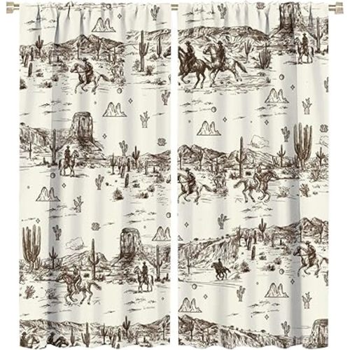 Vintage American Wilderness Western Cowboy Rod Pocket Blackout Curtains for Living Room,Thermal Insulated Room Darkening Sketch Style Western Cowboy Cacti Curtains,2 Panels 72" L x 31.5" W