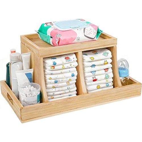 Wooden Diaper Caddy Organizer with 2 Compartments and Removable Tray, Changing Table Organizer (Brown)