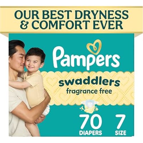 Pampers Swaddlers Diapers, Size 7 (26-50 lbs), 70 Count, Fragrance Free, Hypoallergenic, Absorbent, Pediatrician Recommended, Skin Safe