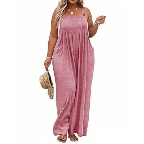TAKEYAL Women's Plus Size Jumpsuit Overalls Wide Leg Casual Summer Rompers Adjustable Loose Fit Jumpsuits With Pockets 2026
