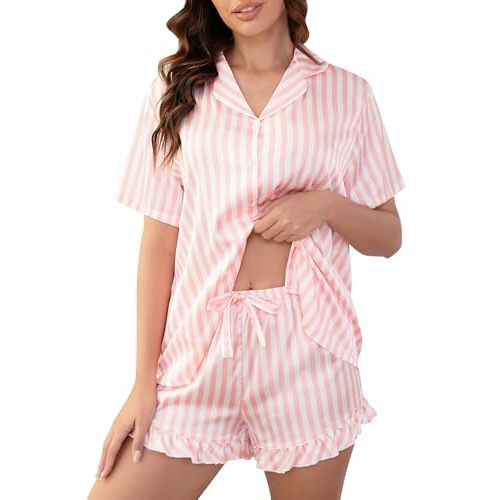 Women‘s Satin Pajamas Set, Silky Soft Short Sleeve Sleepwear, Button Down Pj Set for Home, Vacation, Bridal Party