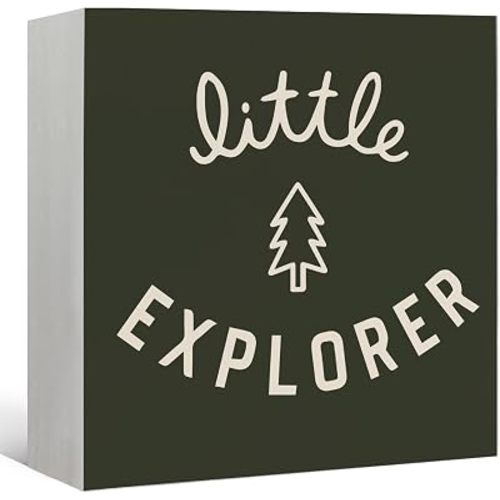 Playroom Camping Classroom Decor Camp Little Explorer Wood Block Signs, Baby Showers Gift, Green Adventure Nursery Camping Decor for Kids Toddler Boys Room Bedroom Playroom Desk Shelf table decor