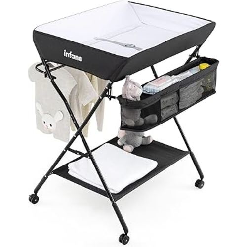INFANS Baby Changing Table with Wheels, Portable Folding Diaper Station Nursery Organizer with Storage Basket, Hanging Rack, Adjustable Height, Safety Belt for Newborn Infant (Black)