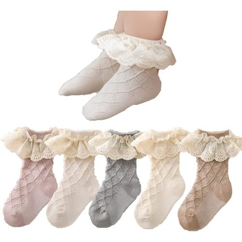 Colorful Childhood Baby Grils Ruffle Lace Socks Toddler Vintage Ribbed Princess Frilly Dress Short Socks