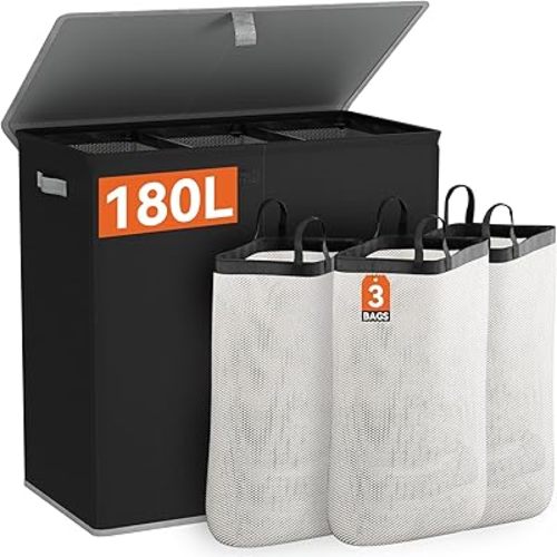 WOWLIVE Laundry Hamper with Lid,180L Large Laundry Basket 3 Section with Removable Washing Bags,Collapsible Waterproof Dirty Clothes Hamper for Laundry Room Bathroom Dorm,Black