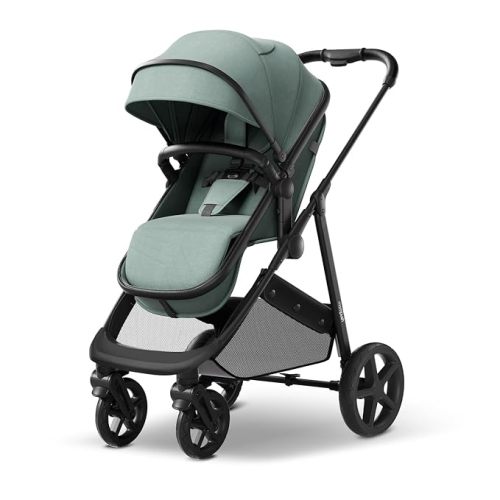 Mompush Wiz 2-in-1 Bassinet Stroller Reversible Seat, One-Hand Fold, Sage | Newborn to toddler, large wheels with suspension, multi-position recline, UPF 50+ canopy, large basket, cup holder included