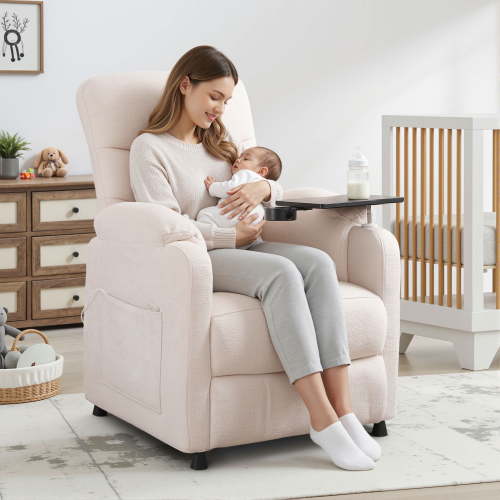 Power Recliner Chair, Nursery Recliner Chair with Swivel Tray Table & Cup Holder, Modern Chenille Fabric Electric Recliner with Side Pocket & Remote for Living Room Small Space, White