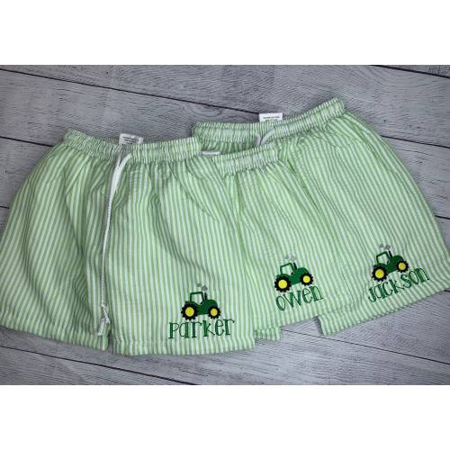 Embroidered Personalized Tractor Swim Trunks | Monogrammed Tractor Swim Trunks | Toddler Boy Seersucker Swim Trunks | Tractor Swim Trunks |